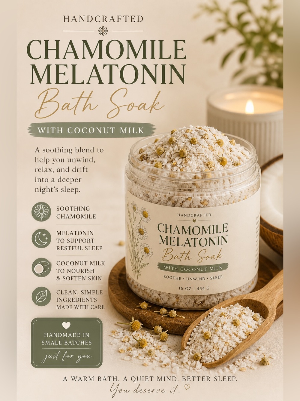 Handcrafted Chamomile Melatonin Bath Soak with Coconut Milk  Relaxing Chamomile